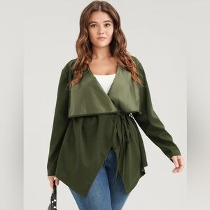 NWT Plain Asymmetrical Hem Waterfall Collar Ties Coat  Size 18/20 Army Green